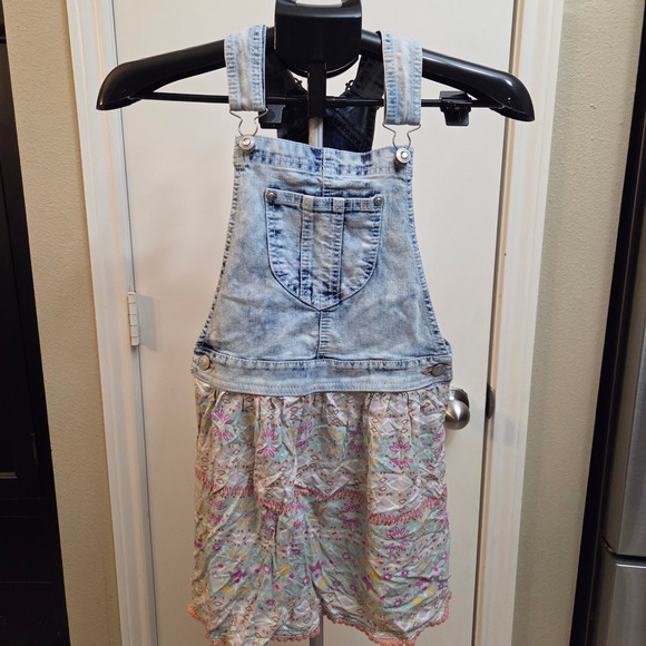 Jordache Other - Jordache Girls Denim Overall Dress Floral Skirt Pom Pom Trim Blue Pink L 10-12